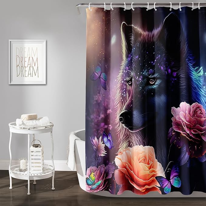 AILONEN Wolf Shower Curtain,Butterfly Flower Wolf Bath Curtain for Kids Boys Girls,Polyester Waterproof for Bathroom with 12 Plastic Hooks 72" W*96" H