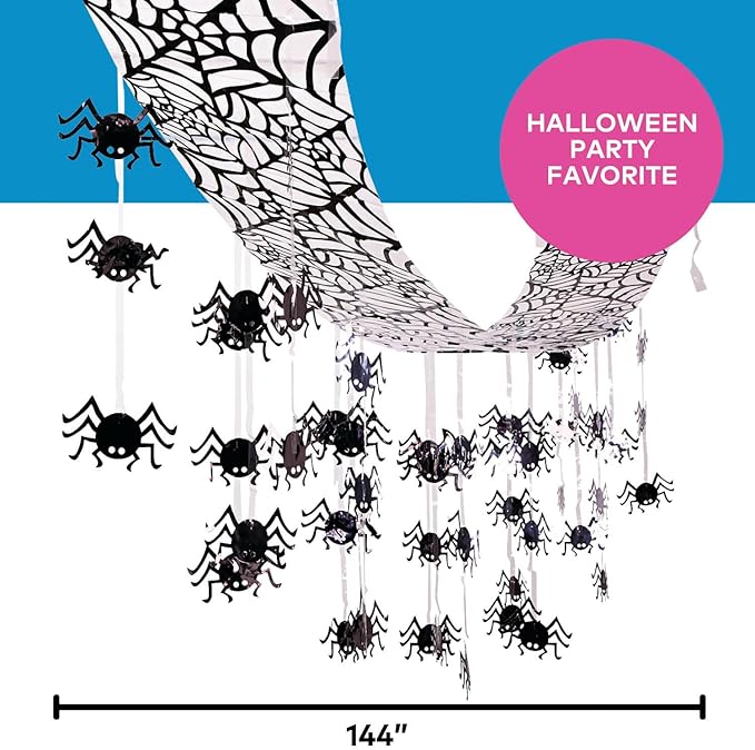 Fun Express 12 Ft. x 12" Hanging Black Spider Ceiling Halloween Decoration, Great for Halloween parties, Trunk Or Treat and Other Spooky Celebrations