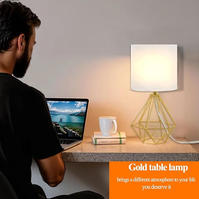 COTULIN Gold Modern Small Table Lamp for Bedroom & Living Room - Geometric Metal Base, White Fabric Shade, Ideal for Bedside & Kids' Desk, Nightstand Lamp