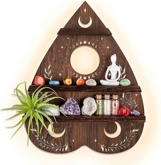 ANROYE Planchette Crystal Wall Shelf Display for Stone, Ouija Vintage Pagan Crystal Holder Art Decor with Light, Wooden Wiccan Gem Storage for Bohemian Home, Boho Organizer for Women