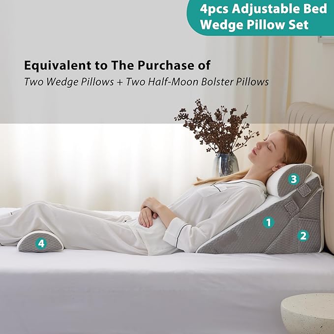 Adjustable 4pcs Bed Wedge Pillow Set, Memory Foam Wedge Pillow Post Surgery for Back, Neck, Leg Pain Relief, Pillow Wedge for Sleeping, Sitting up in Bed, Acid Reflux and GERD, White/Grey