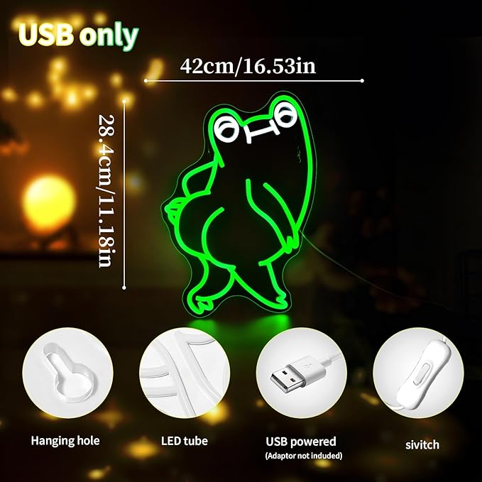 Funny Frog Neon Sign for Wall Decor Led Neon Signs Light Bar Decor Up Sign Room Decor Neon Lights Sign Frog Decor USB Powered for Man Cave Decor Frog Lamp