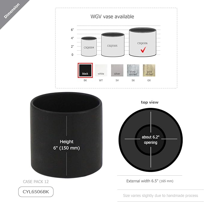 WGVI Matte Black Ceramic Cylinder Vase Width 6.5" Height 6", Flower Arrangements, Candle Holder, Terrarium Planter Pot, Storage Container Organizer, Pen Brush Holder, Modern Table top Decor, 6 Pc