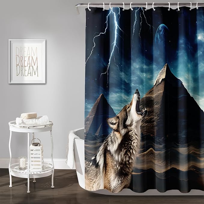 AILONEN Howling Wolf Shower Curtain,Retro Pyramid Evening Wolf Bath Curtain,Safari Wolf Curtain for Bathroom Decor,Polyester Waterproof with 12 Plastic Hooks 72" W*78" H