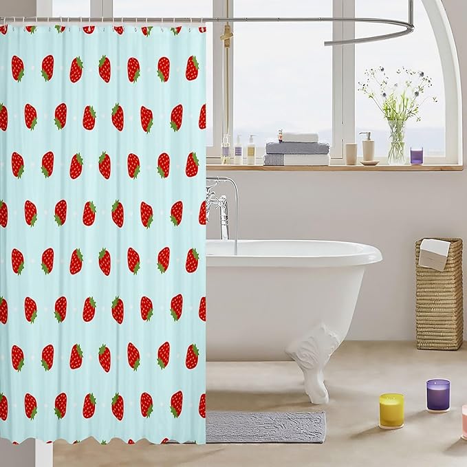 Feelyou Strawberry Fabric Shower Curtain Teal Blue Kawaii Girly Shower Curtain for Kids Boys Girls Kawaii Strawberry Bathroom Waterproof Accessories with 12 Hooks Kawaii Lovely Curtains,72x78 Inches