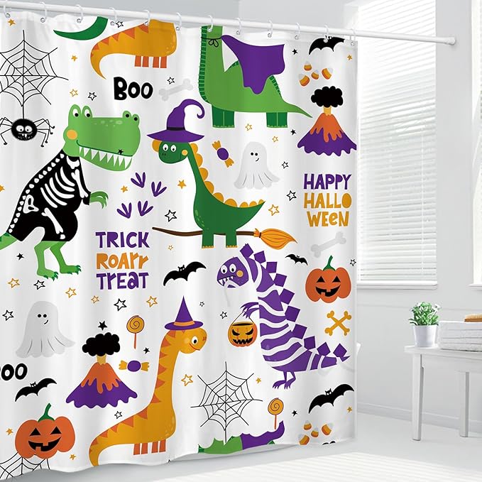 Dinosaur Halloween Boys Shower Curtain 60Wx72L Inch Dino Kids Child Pumpkin Spider Spooky Cartoon Funny Bathroom Set Accessories Decor Polyester Waterproof with 12 Pack Hooks