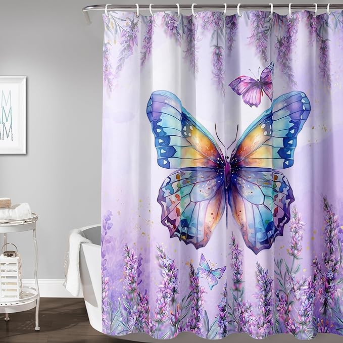 AILONEN Butterfly Shower Curtain for Bathroom, Purple Lavender Bath Curtain Decor,Flower Butterfly Waterproof Shower Curtain with 12 Plastic Hooks (Kids/Girls/Women/Teens) 72" W*78" H