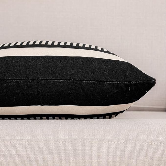 Farmhouse Stripe Pillow Cover 20x20 Boho Accent Cushion Case Faux Leather Decorative Pillowcase,Black and Beige (Cover ONLY, Pack of 2)