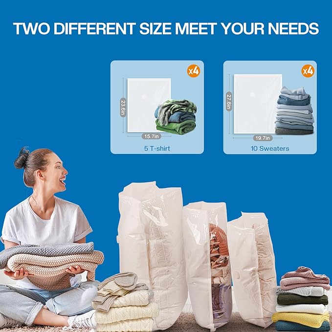 Vacuum Storage Bags for Travel, 8 Pack Vacuum Seal Bags for Clothing Travel, Vacuum Sealer Bags with High Pressure Electric Pump, Portable Space Saver Bags for Luggage Traveling