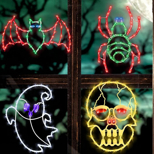 Halloween Decorations - 16" Halloween Window Silhouette Lights - 4 Pack Colour Lighted Skull Head & Bat & Ghost & Spider for Holiday Indoor and Outdoor Wall Door Window Decorate