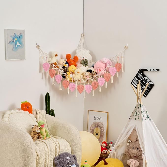 Pretty Jolly Macrame Leaf Wall Hanging Storage Hammock, 59" Boho Corner Organizer with Tassels, Stuffed Animal Plush Holder for Kids Room Nursery Decor (Leather Pink & Light Pink)