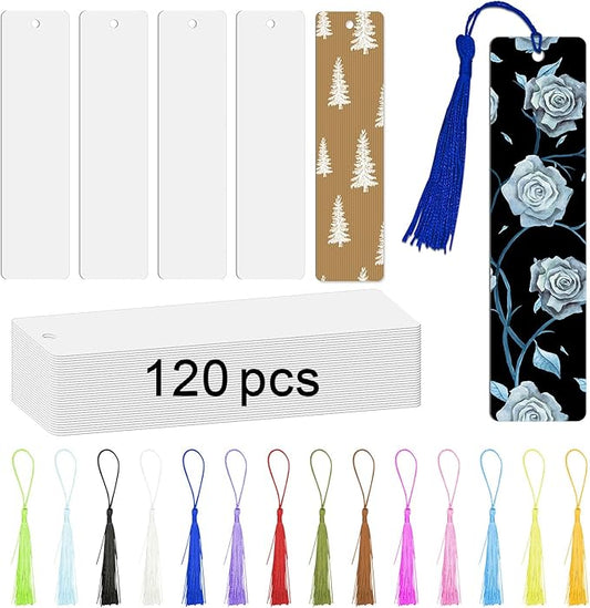 120 Pcs Sublimation Bookmark Blank Heat Transfer Aluminum Metal Bookmarks Bulk DIY Bookmarks with Hole and Colorful Tassels for Crafts,Personalized Tassels Blank Bookmarks