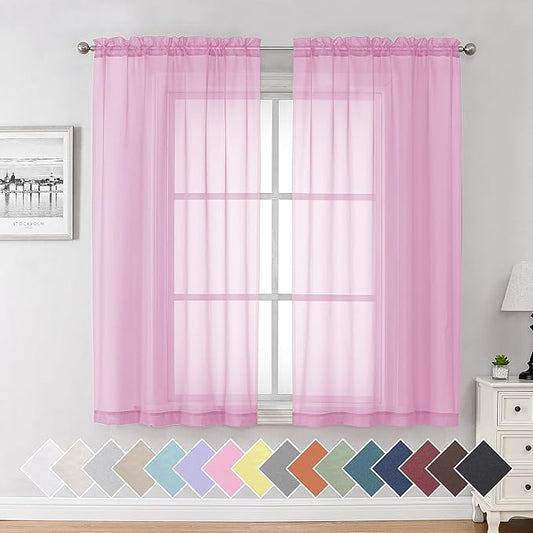 Aiyufeng Pink Sheer Curtains 54 inch Length Living Room Short Voile Drapes Solid Sheers Cafe Curtains Voile Bathroom Small Window Sheers 2 Panels Set, Rod Pocket, 40" Wx54 L
