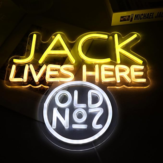 JACK Lives Here Neon Signs for Wall Decor，Neon Lights for Bedroom LED Signs Suitable for Man Cave，Doorplate，Christmas Gifts，5V Power Adapter(Wite+Yellow)