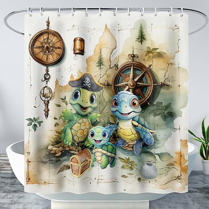 AILONEN Cartoon Sea Turtle Shower Curtain,Kawaii Turtle Bathroom Curtains for Kids,Girls,Nautical Compass Anchor Shower Curtains Set with Hooks for Bathroom,72" W*72" H