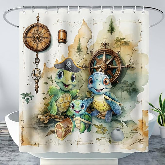 AILONEN Cartoon Sea Turtle Shower Curtain,Kawaii Turtle Bathroom Curtains for Kids,Girls,Nautical Compass Anchor Shower Curtains Set with Hooks for Bathroom,72" W*72" H