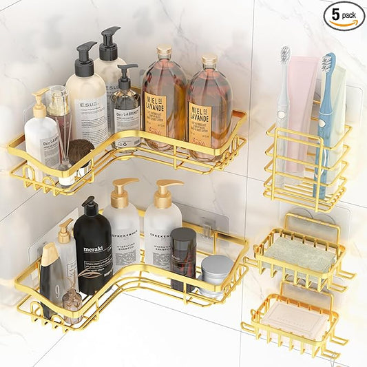 Gold Corner Adhesive Shower Caddy，Rustproof Stainless Steel Corner Shower Shelves for Bathroom Kitchen, No Drilling Wall Mounted Shower Rack for Inside Shower, 5 Pack
