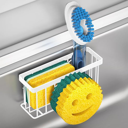 Sponge Holder Smiley Face, Sink Organizer with 2 Suction Cups/1 Adhesive Strips, Designed for Sponge, Soap, Dish Brush, Scrubber - White