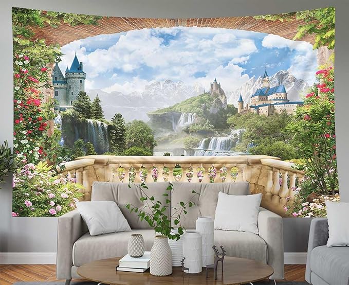 EMMTEEY Waterfall Tapestry Colorful Tapestry View from Balcony of Waterfalls with Castles Dorm Tapestry 60X40 Wall Tapestry Nature Present for Families