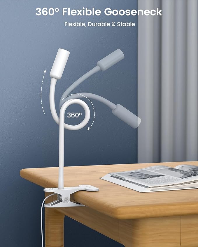 Glocusent Clip on Light: 10 Brightness Levels from 20 to 180LM LED Reading Light with Clamp and Flexible Gooseneck - Eye Caring Book Lights for Reading at Night, Clip on Desk Bed Headboard