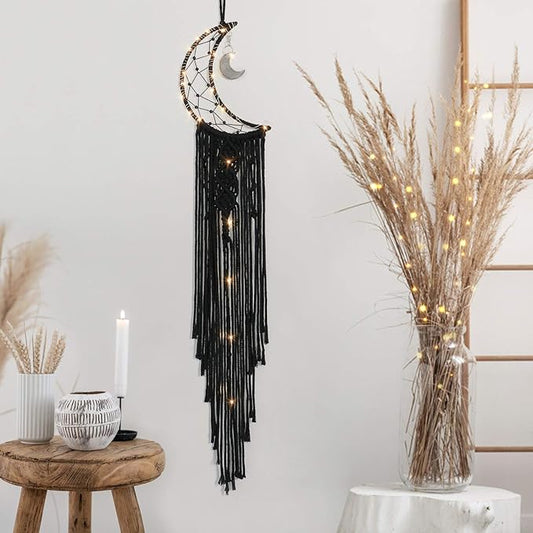 Dremisland Macrame Woven Wall Hanging Moon Dream Catcher- Boho Chic Bohemian Home Decor Wall Art Decor Beautiful Apartment Dorm Room Door Decoration (Moon-Black)