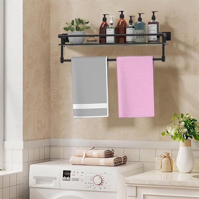 Glass Shelves for Bathroom with Towel Bar/Rack 24" Tempered Glass Shelves with Stainless Steel Towel Holder for Wall Shelf Sink Over Toilet (Matte Black)