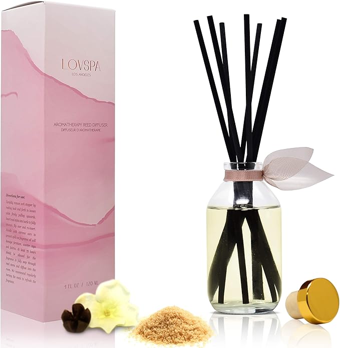 LOVSPA Warm Vanilla Sugar Reed Diffuser Set - Coconut Milk, Vanilla & Sandalwood Scent Diffuser - Reed Diffusers for Home with Long Lasting Fragrance - Non-Toxic Oil Reed Diffuser - Made in The USA