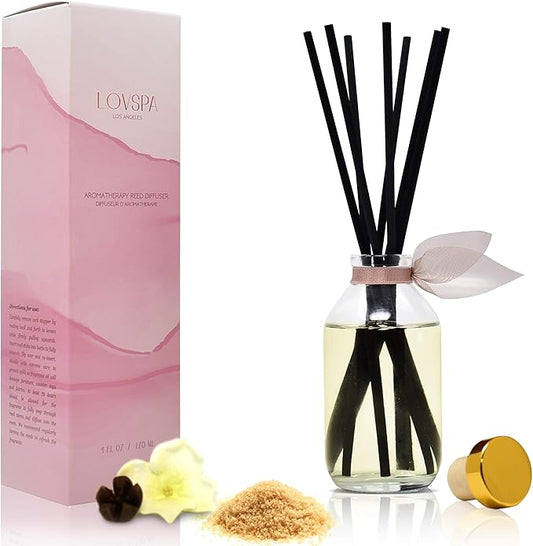 LOVSPA Warm Vanilla Sugar Reed Diffuser Set - Coconut Milk, Vanilla & Sandalwood Scent Diffuser - Reed Diffusers for Home with Long Lasting Fragrance - Non-Toxic Oil Reed Diffuser - Made in The USA