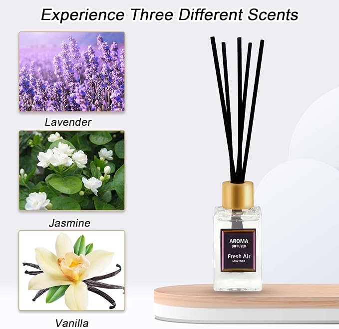 Reed Diffuser Set of 3,Lavender, Jasmine, Vanilla Scented Oil Diffuser with 15 Sticks,(50ml) x 3 Home Fragrance Reed Diffuser for Bathroom Shelf Decor