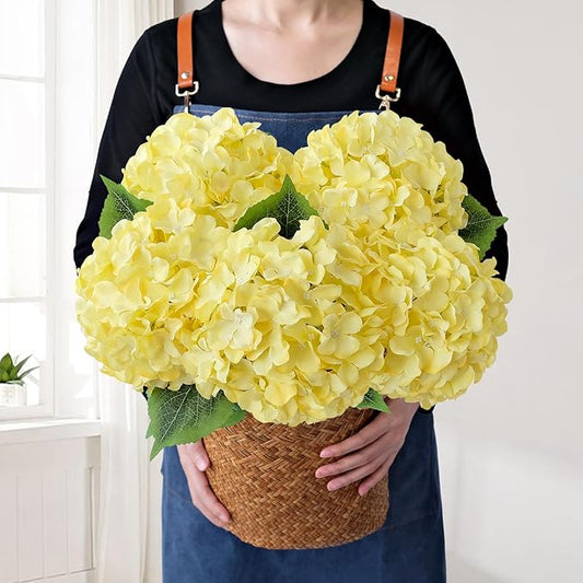 Yellow Fake Hydrangea Flower Heads with Stems, 5Pcs 20Inch Full Fake Flowers for Wedding Home Garden Indoor Bouquet Table Centerpieces Floral Arrangements
