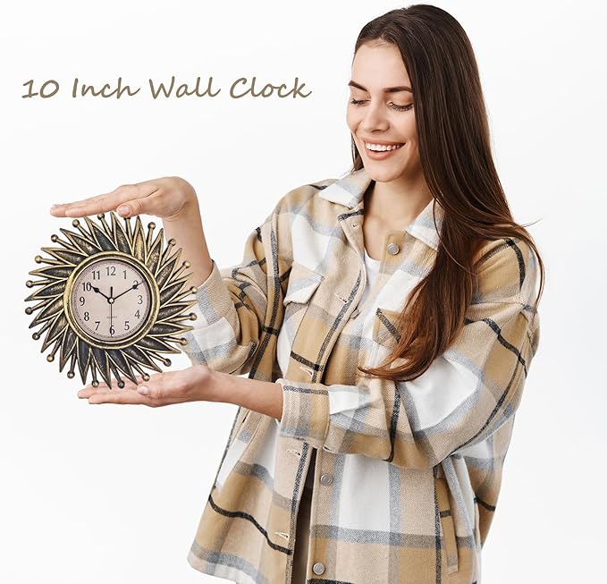 Sunburst Clock, Small Retro Wall Clocks Battery Operated, 10 Inch Mid Century Vintage Decorative Wall Clock for Living Room, Bedroom, Kitchen, Bathroom, Office - Bronze