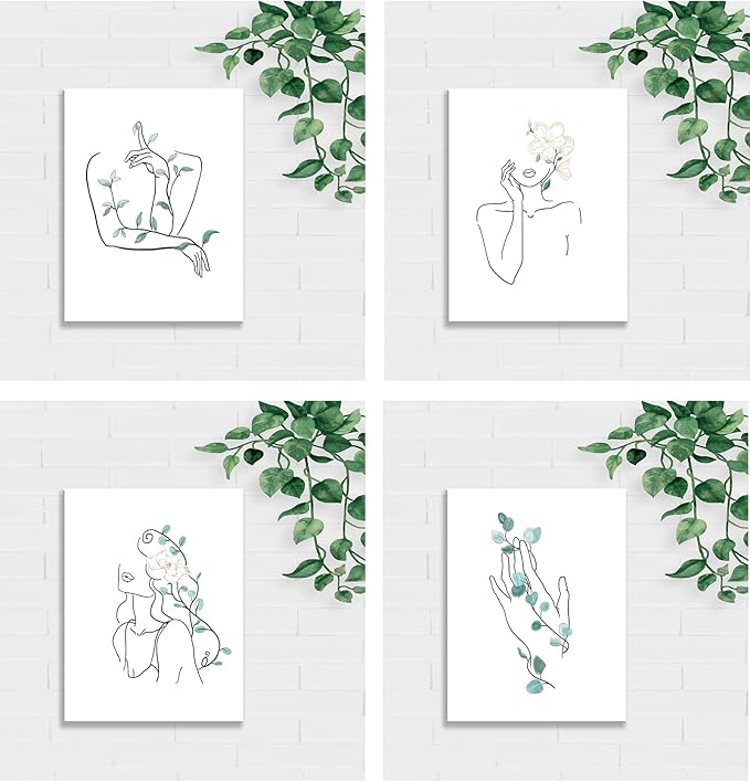 Botanical Framed Wall Art Decor for Women,Boho Wall Art for Living Room,Minimalist Wall Art Decor for Office,Modern Abstract Room Decor for Bedroom,Line Art Wall Decor,Set of 4,8x10 inches (20x25 cm)