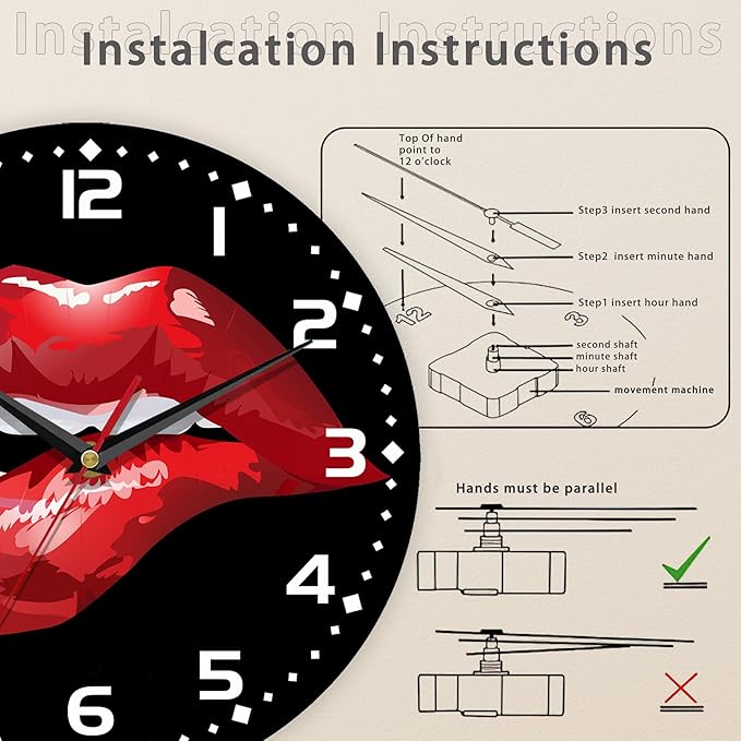 Red Lip Wall Clock - Vintage Wooden, Silent Non-Ticking, Battery Operated, Arabic Numerals, Decorative for Kitchen, Office, Classroom - 10 Inch