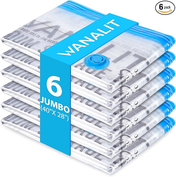 6 Pack Jumbo Vacuum Storage Bags (40"x28"), Reusable Vacuum Sealer Compression Space Saver Bag for Clothes, Mattress, Blanket, Duvets, Pillows, Comforters, Quilt, Travel (Pump Not Included)