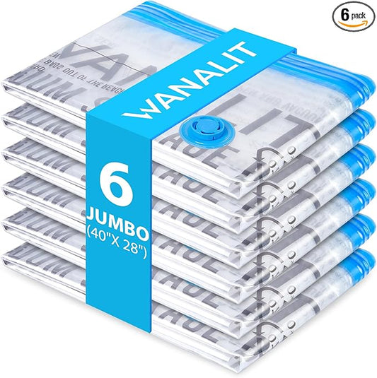 6 Pack Jumbo Vacuum Storage Bags (40"x28"), Reusable Vacuum Sealer Compression Space Saver Bag for Clothes, Mattress, Blanket, Duvets, Pillows, Comforters, Quilt, Travel (Pump Not Included)
