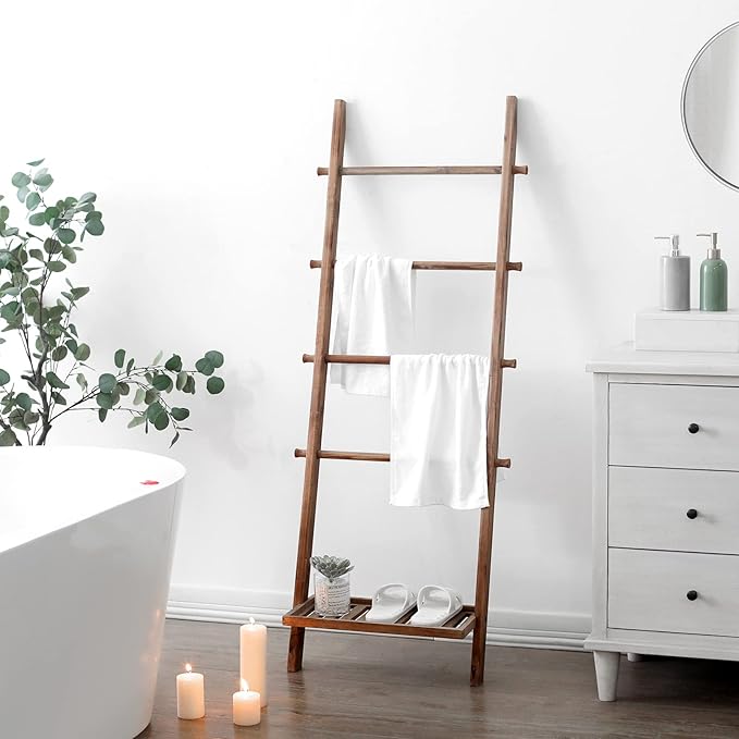FUIN 5ft Wood Blanket Ladder with Bottom Shelf for Living Room Decorative Wall Leaning Farmhouse Quilt Display Holder Storage Rustic Wooden Towel Rack for Bathroom, Light Brown