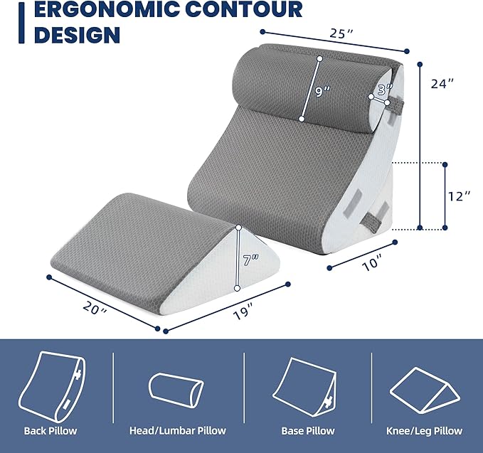 BDEUS 4PCS 25 Inch Extra Wide Orthopedic Bed Wedge Pillow Set, Memory Foam Adjustable Wedge Pillow Post Surgery for Back, Neck and Leg Pain Relief-Acid Reflux and GERD for Sleeping, with Travel Bag