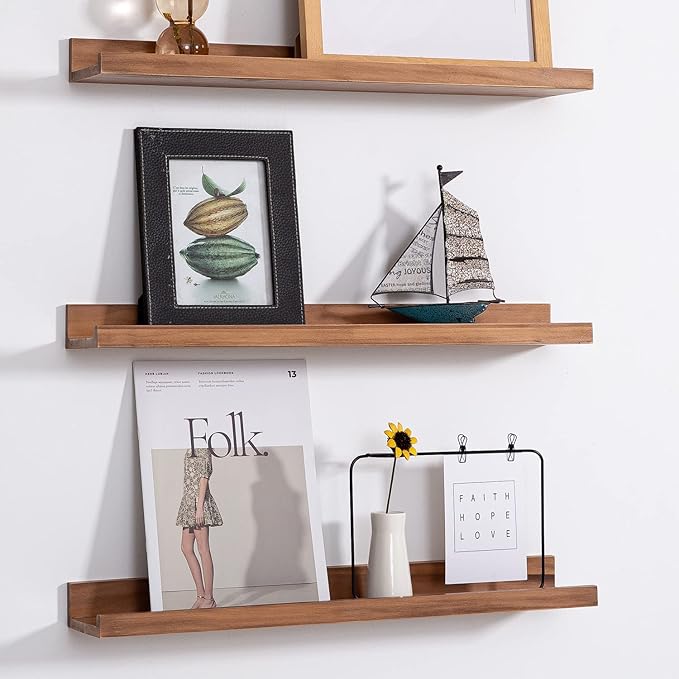 MBYD Floating Wall Shelves Wood Photo Picture Ledge Shelf, 24 Inch Light Walnut Nursery Kids Bookshelf 3 Same Sizes, Kitchen Spice Rack Bathroom Storage Shelves, Wall Mounted Shelves for Bedroom