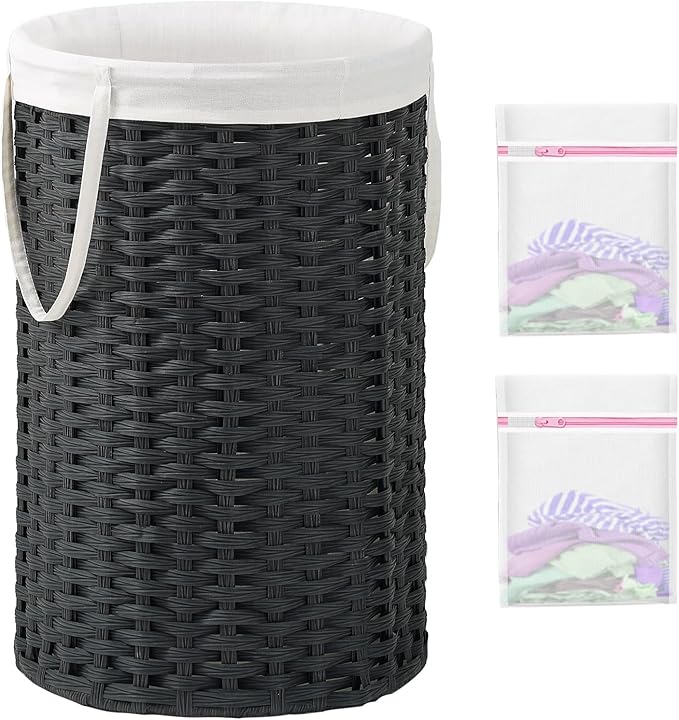 Large Laundry Hamper Laundry Basket Round 34.3 Gal (130 L) Handwoven Wicker Laundry Baskets Rattan Laundry Basket with Removable Bag Handles 2 Mesh Bags for Living Room Bedroom Black