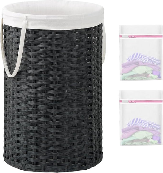 Large Laundry Hamper Laundry Basket Round 34.3 Gal (130 L) Handwoven Wicker Laundry Baskets Rattan Laundry Basket with Removable Bag Handles 2 Mesh Bags for Living Room Bedroom Black