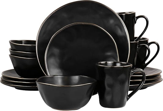 Elama Modern 16 Piece Stoneware Dinnerware Set in Matte Black with Gold Rim (ELM-MATTE)