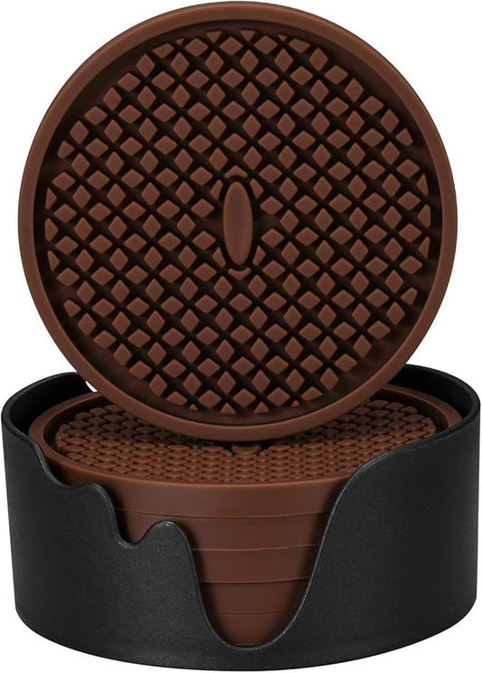 ME.FAN Silicone Coasters [6 Pack] Thickened Drink Coasters with Holder - Cup Mat - Non-Slip, Non-stick, Stay Put, Deep Tray - Prevents Furniture and Tabletop Damages(Coffee)