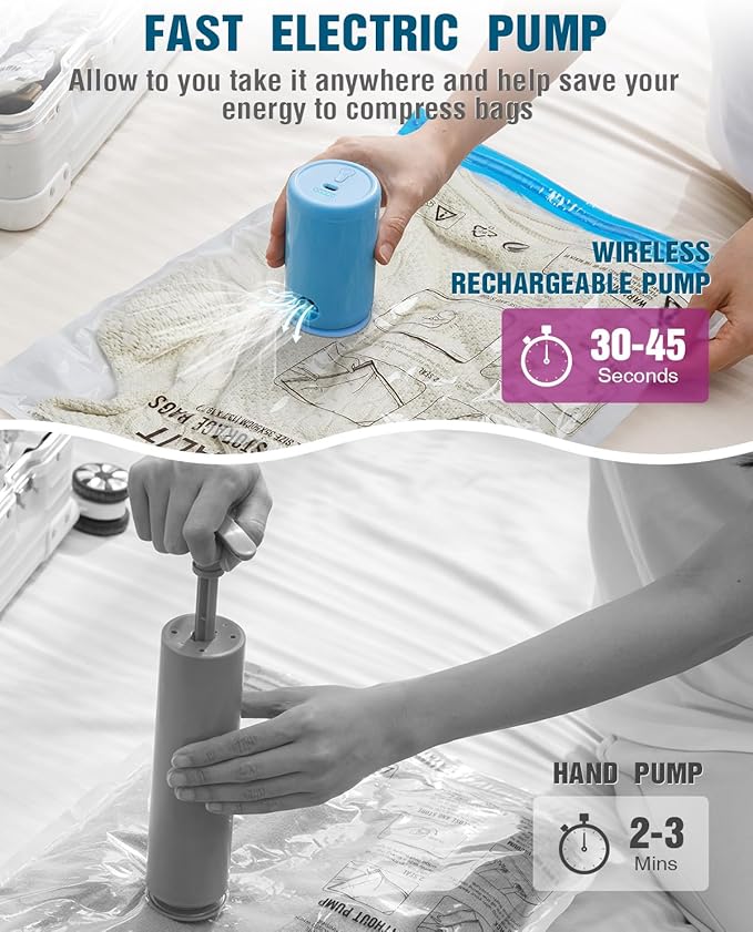 Vacuum Storage Bags for Travel, 24 Pack (6L+6M+6S+6XS) Vacuum Seal Bags with Wireless Rechargeable Electric Pump, Travel Essentials Space Saving Bag for Clothes, Luggage, Carry-on Suitcase, Backpack