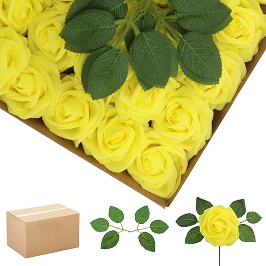 200PCS Yellow Artificial Flowers Roses Real Looking Foam Fake Roses with Leaves for DIY Wedding Bouquets Bridal Shower Party Decorations (Yellow, 200)