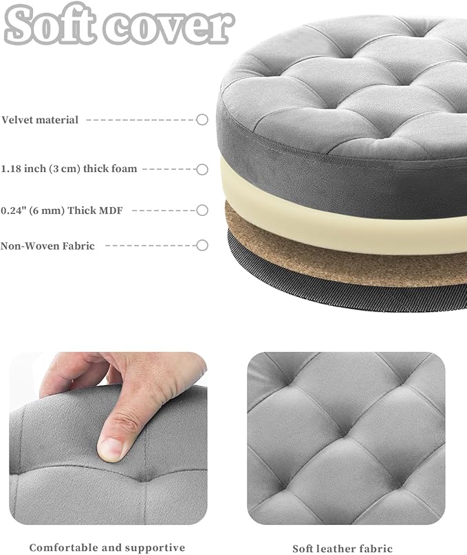 Bsketa® Folding Storage Ottoman Round 14" x 14" x 13"Inch Foot Stool with Thicker Foam Padded Seat Small Velvet Storage Ottoman Bench Foot Rest for Living Room Foldable Coffee Table(Grey)