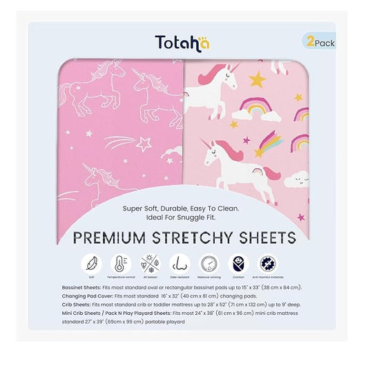 TotAha Premium Soft Unicorn Bassinet Sheet for Girl, Super Stretchy Jersey Knit Bassinet Fitted Sheet, Compatible with Halo, Maxi COSI, Mika Micky, SNOO, Baby Delight Mattress, 2 Pack
