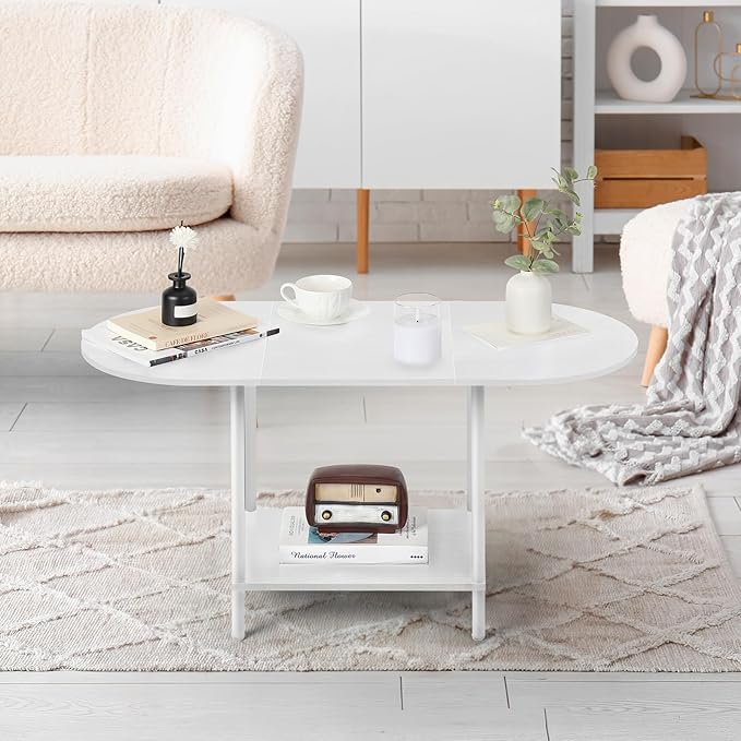White Coffee Tables for Living Room,2-Tier Small Coffee Table Industrial Modern Oval Center Table with Storage Shelf and Wood Tabletop,for Small Space,Home Office