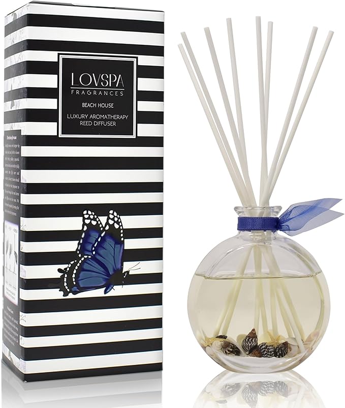 LOVSPA Beach House Reed Diffuser Set with Sticks - Real Seashells in The Bottle! - Ocean Beach Themed Home Fragrance Reed Diffuser for Bathroom Shelf Décor