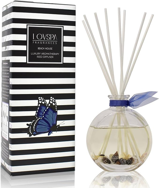 LOVSPA Beach House Reed Diffuser Set with Sticks - Real Seashells in The Bottle! - Ocean Beach Themed Home Fragrance Reed Diffuser for Bathroom Shelf Décor