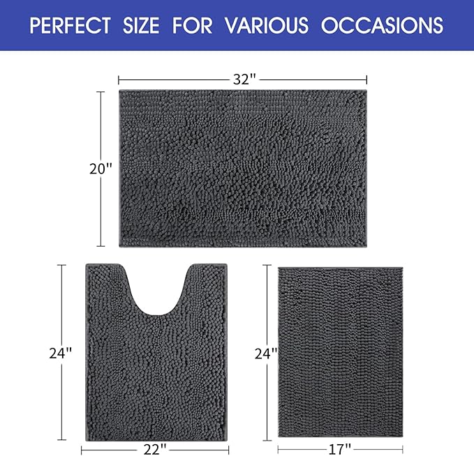 ACCUMTEK Striped Grey Bathroom Rug Set 3 Pieces Gray Ultra Soft, Non Slip Chenille Toilet Mat, Absorbent Plush Shaggy Bath Mats for Bathroom, Bedroom, Kitchen, Charcoal